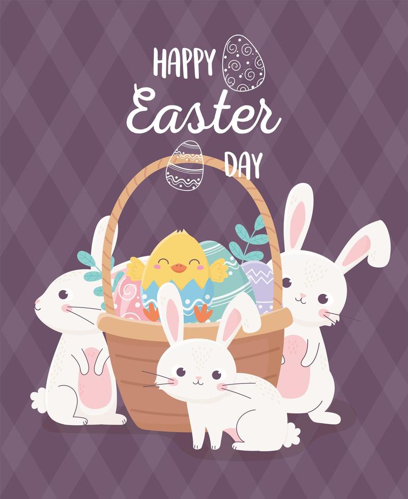 lindos conejos y huevos para la celebración del día de pascua vector