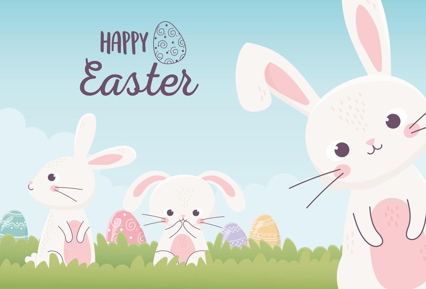 feliz celebración de banner de pascua con conejitos y huevos vector