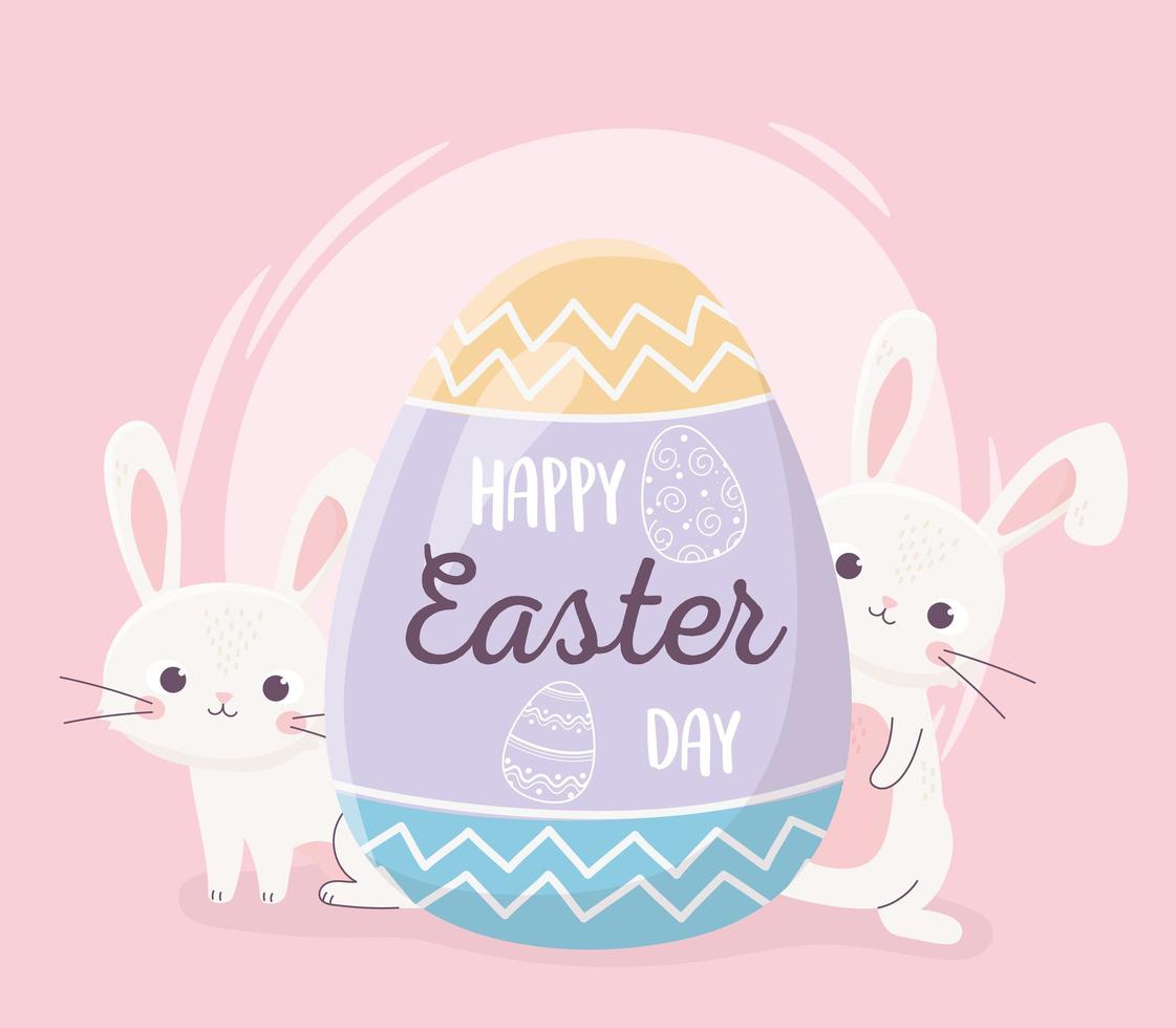 feliz celebración de banner de pascua con conejitos y huevo vector