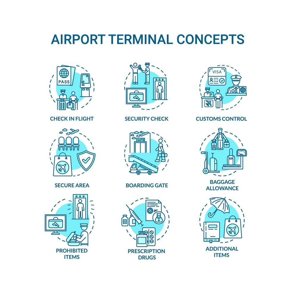 Conjunto de iconos de concepto de terminal de aeropuerto vector