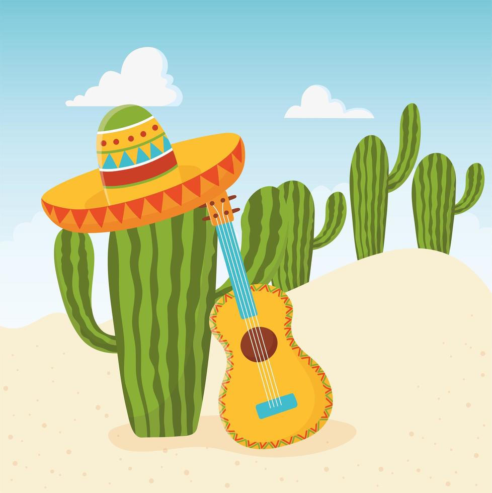 lindo cactus con sombrero y guitarra acústica vector