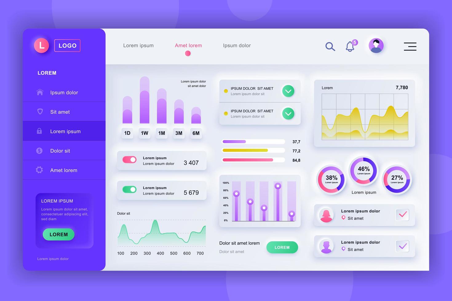 Neumorphic dashboard UI kit admin panel vector