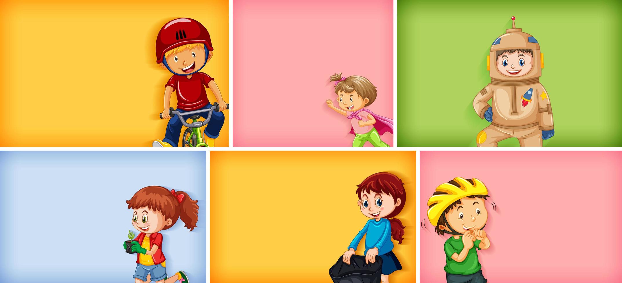 Conjunto de diferentes personajes infantiles en diferentes colores. vector