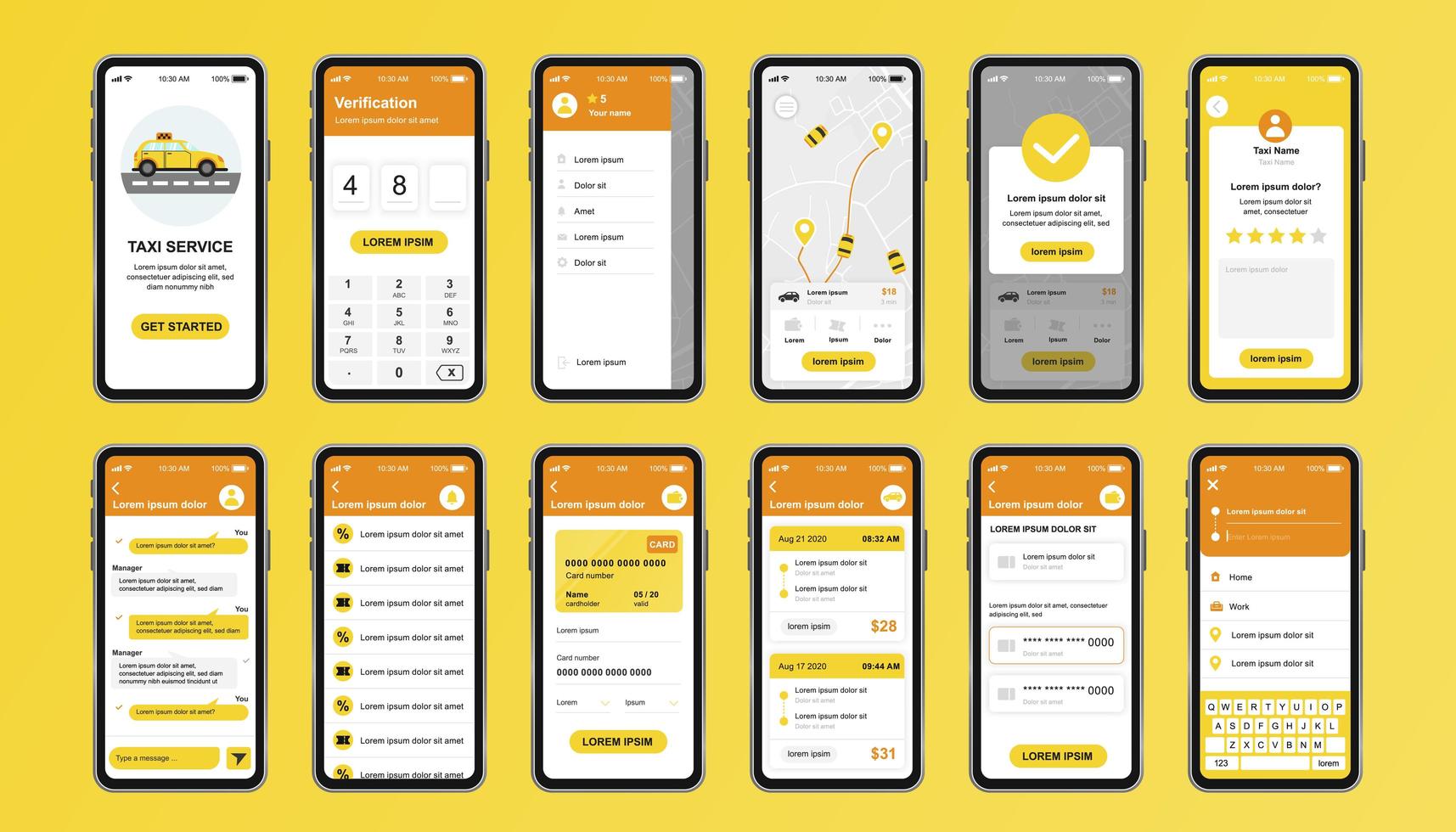 Taxi service unique design kit for mobile app vector