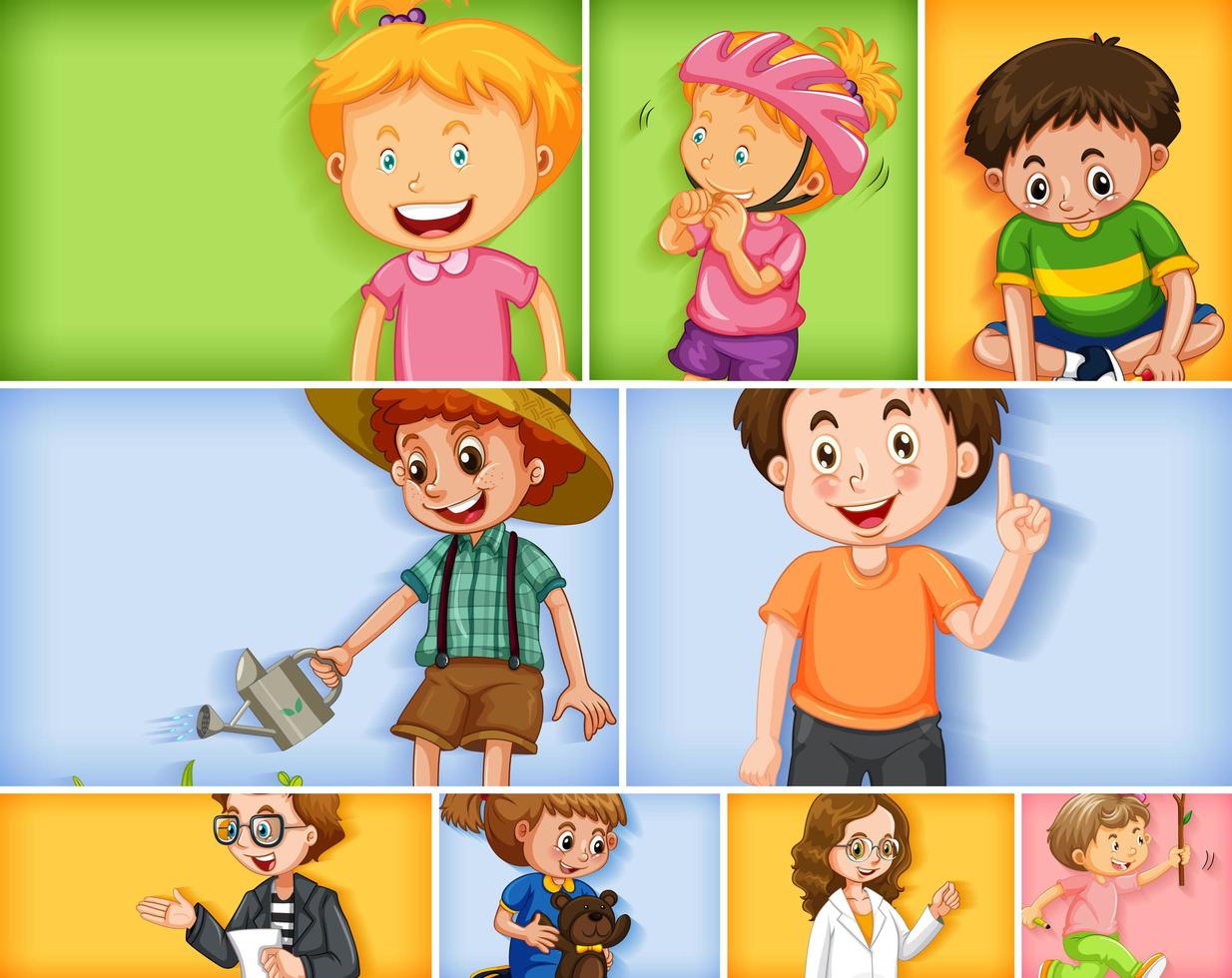 Conjunto de diferentes personajes infantiles en diferentes colores. vector