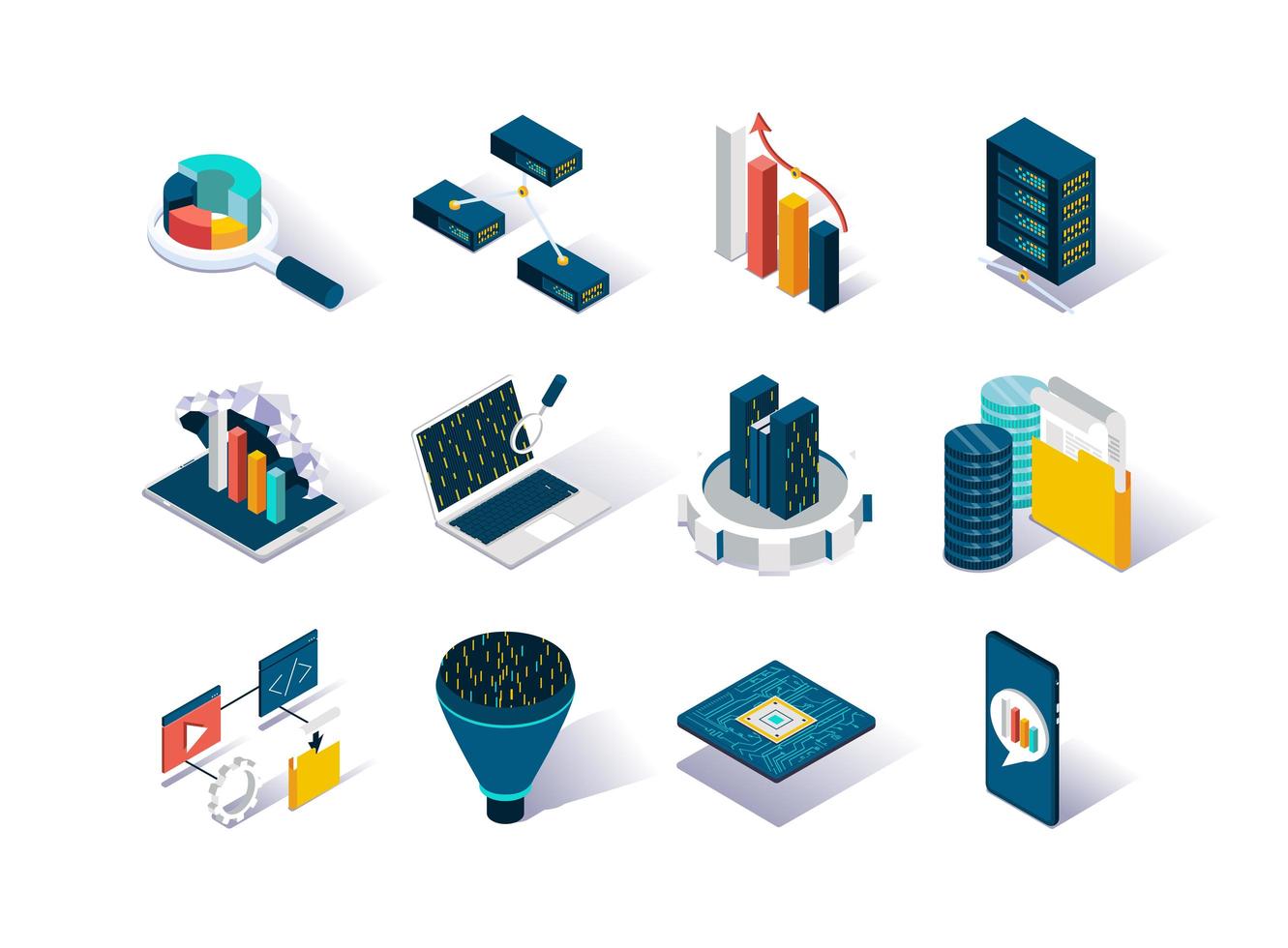 Big data isometric icons set vector