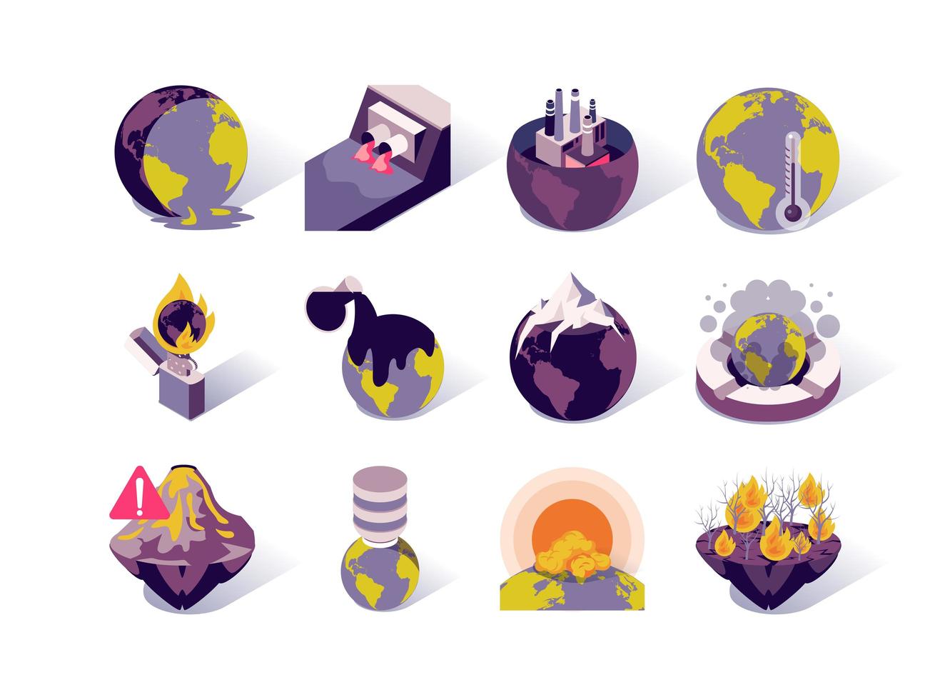 Global warming and pollution isometric icons set vector