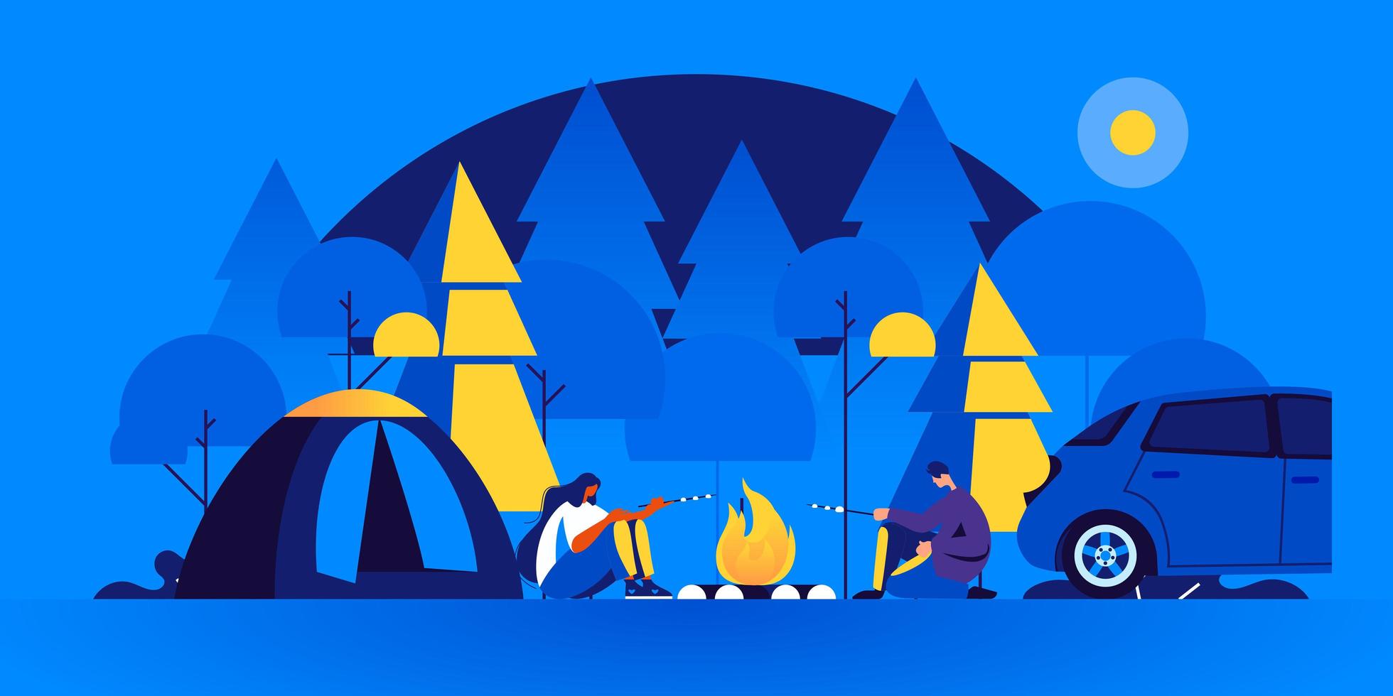 Pair of tourists sitting near bonfire and cooking vector