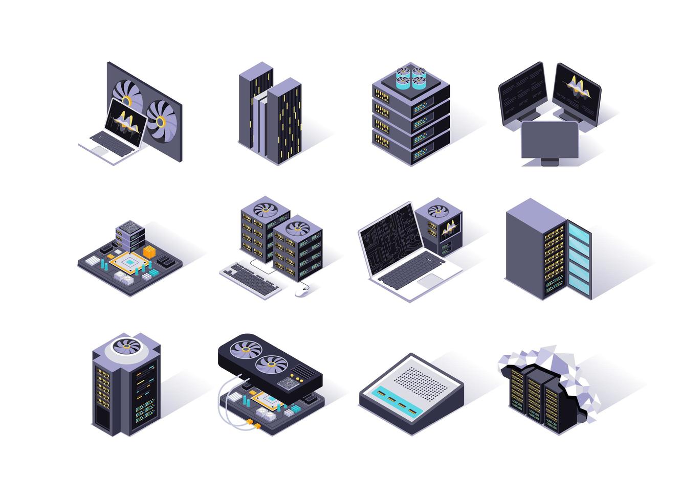 conjunto de iconos isométricos del centro de datos vector