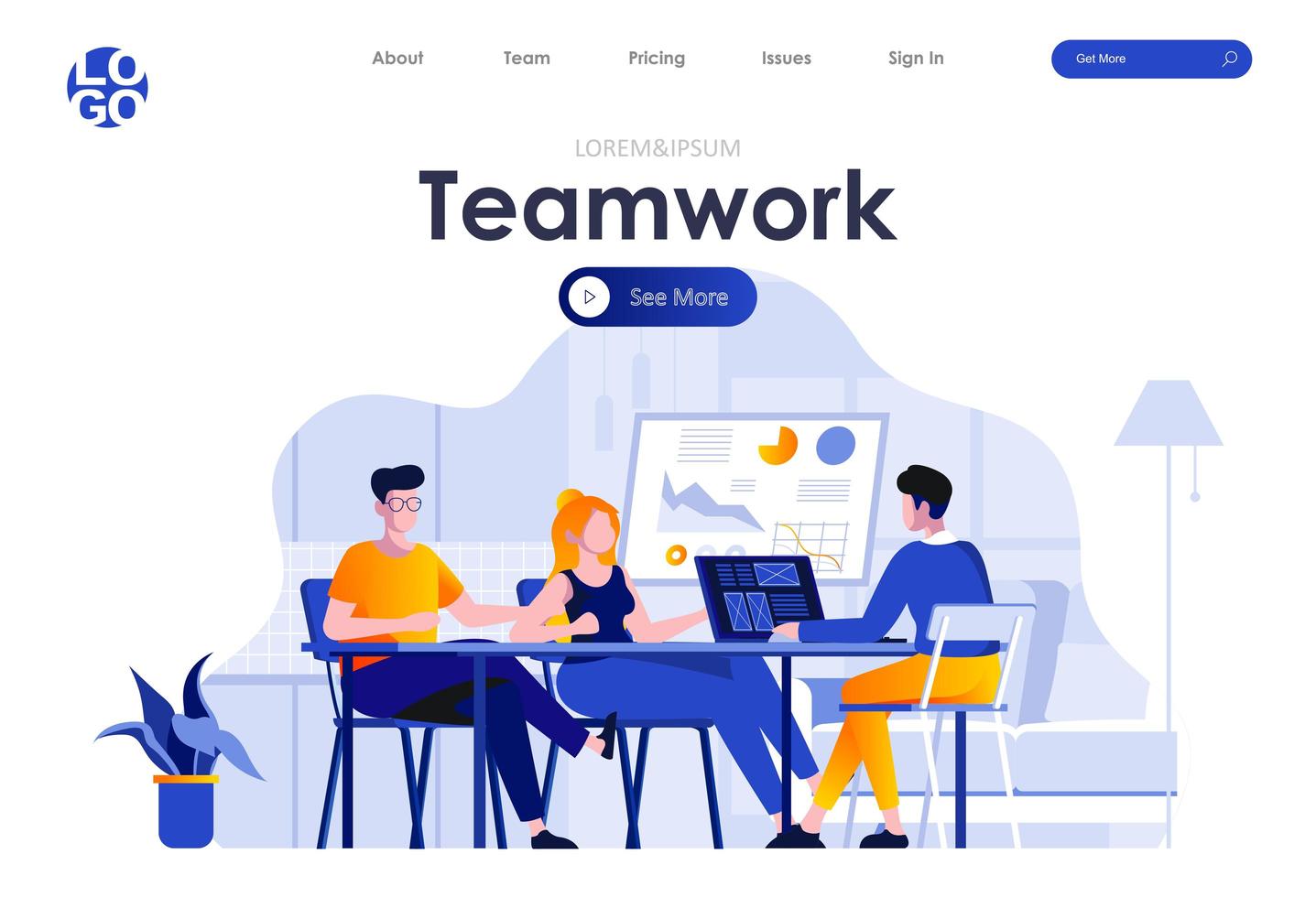 Teamwork flat landing page design vector