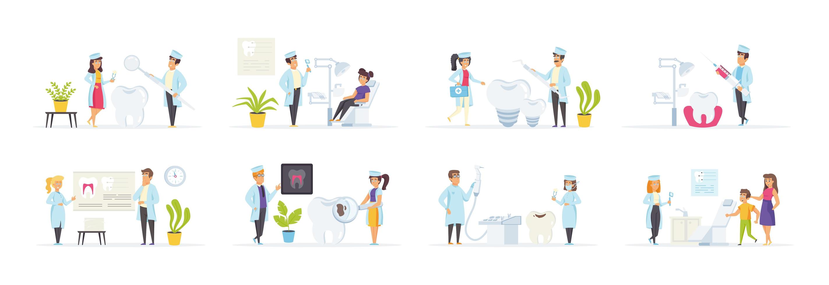 Dental clinic set with characters in various scenes vector