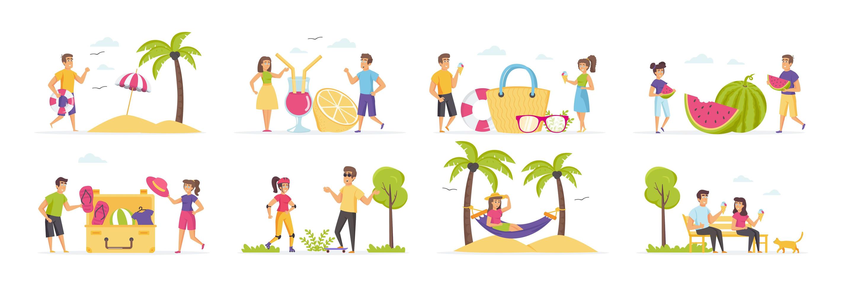 vacaciones de verano con personas en diversas situaciones. vector