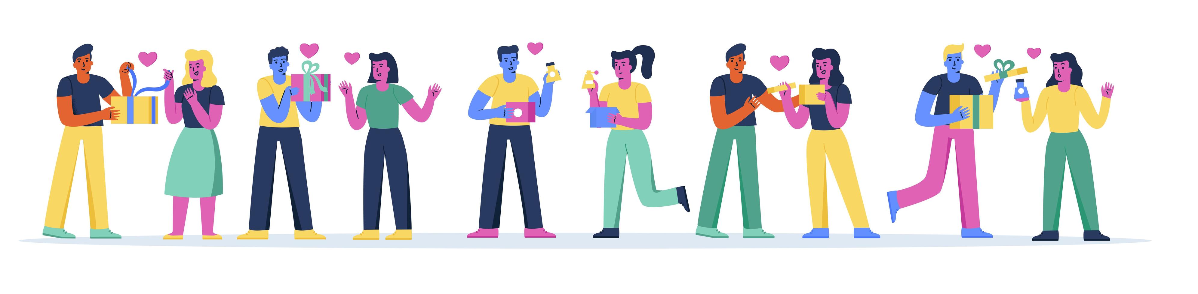 Horizontal banner with funny people giving each other gifts vector