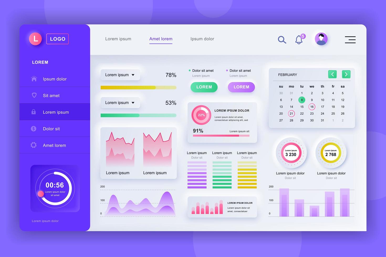 Admin panel neumorphic dashboard UI kit vector