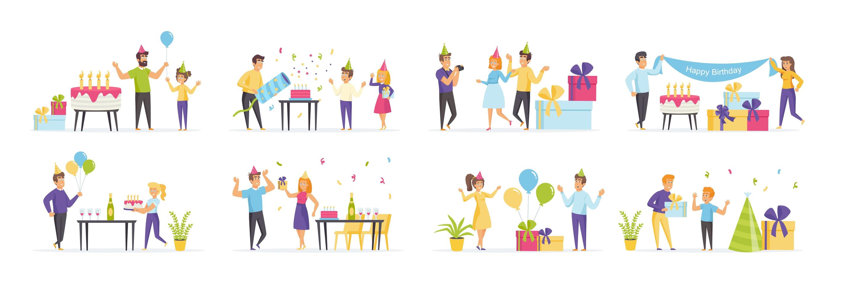 Fiesta de cumpleaños para niños con personas en varias escenas. vector