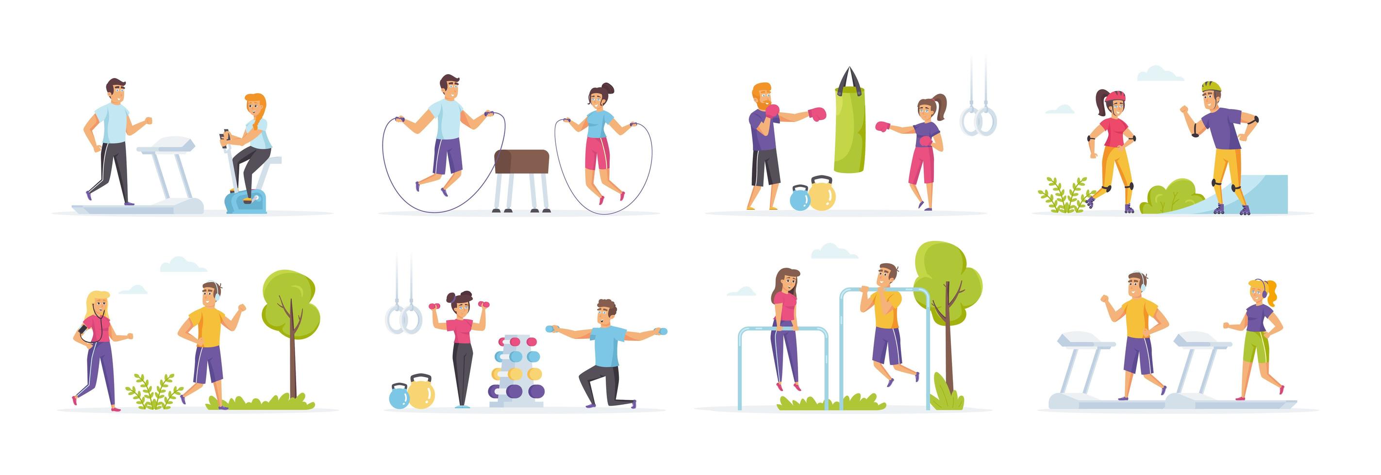 Outdoor fitness set with people in various scenes vector