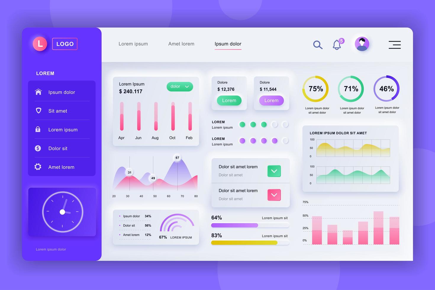 Admin panel neumorphic dashboard UI kit vector