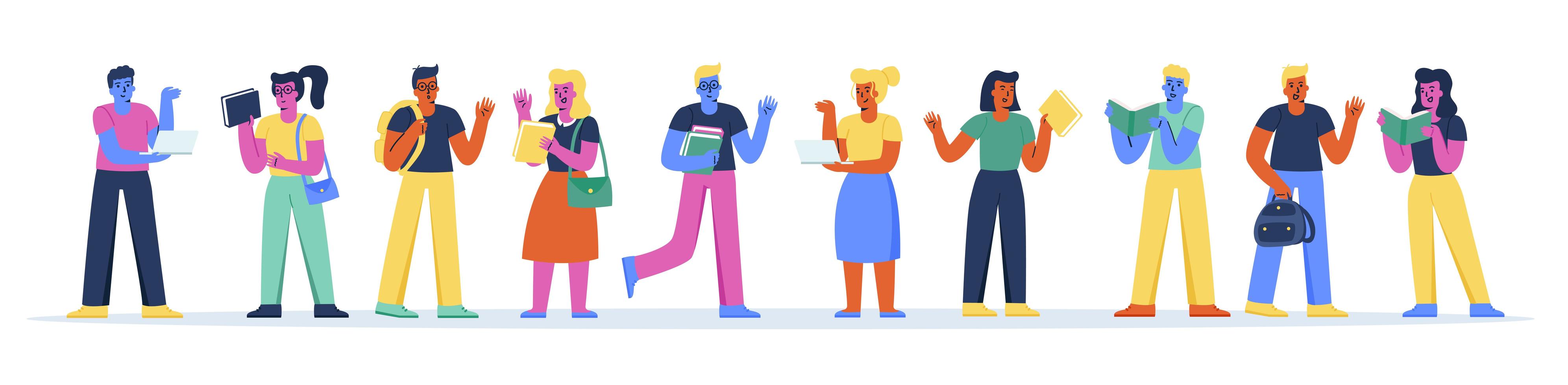 Horizontal banner with happy teenagers with books vector
