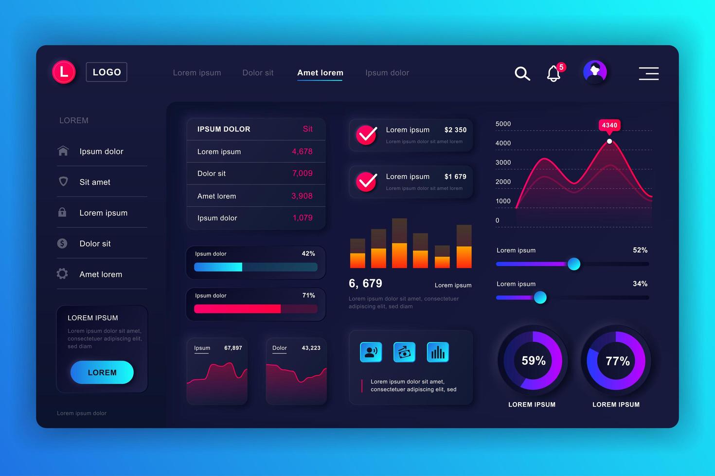 Admin panel neumorphic dashboard UI kit vector