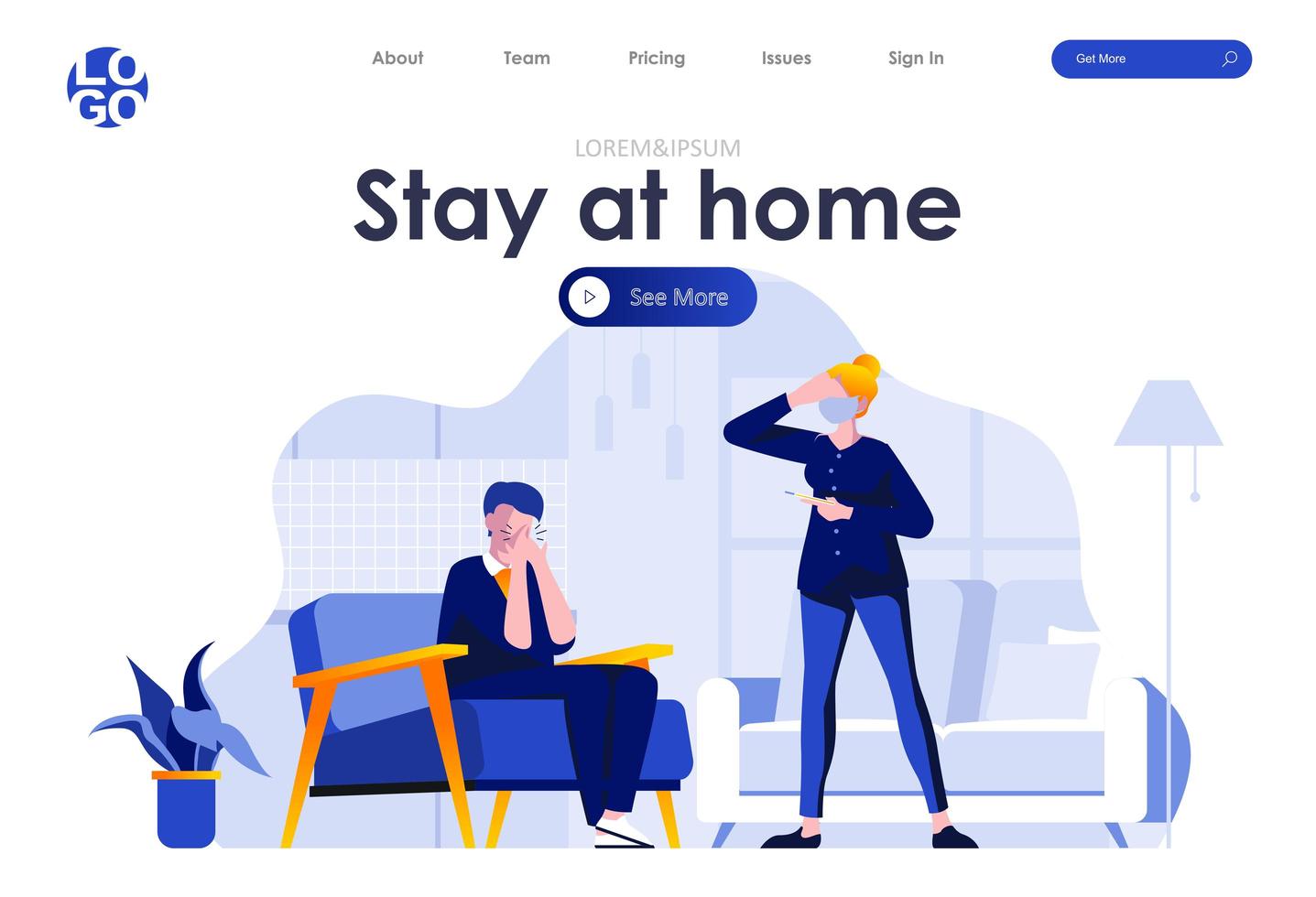 Stay at home landing page design vector