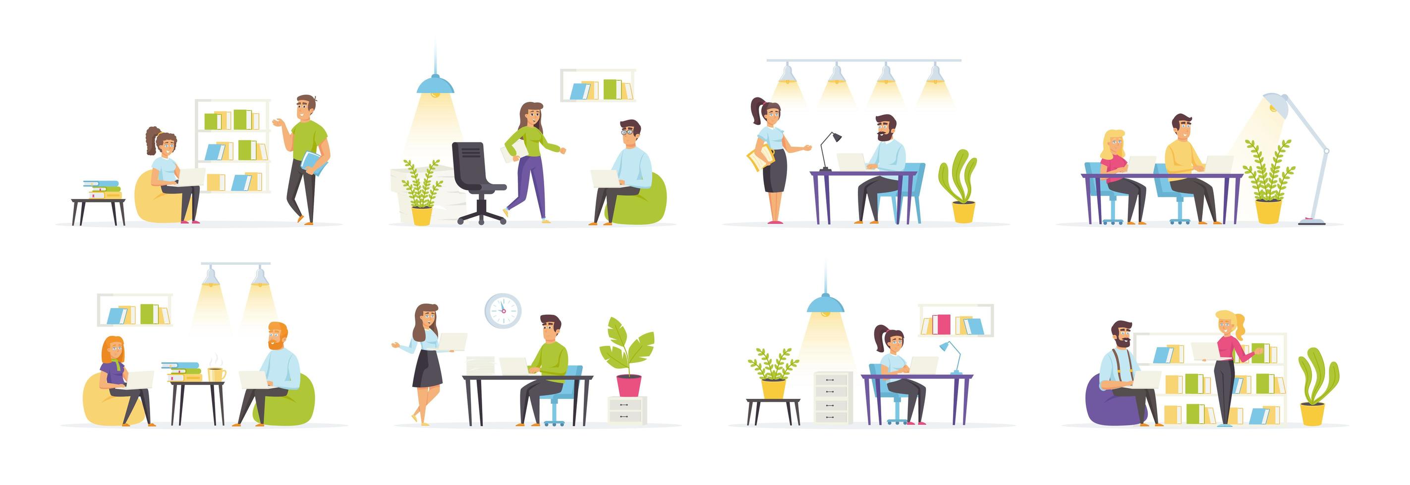 Coworking space set with people in various scenes vector