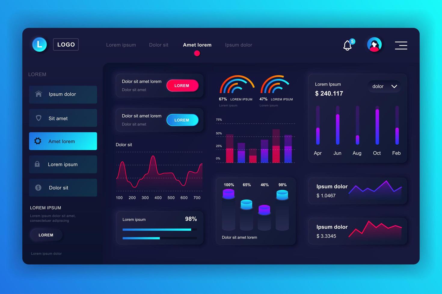 Admin panel neumorphic dashboard UI kit vector