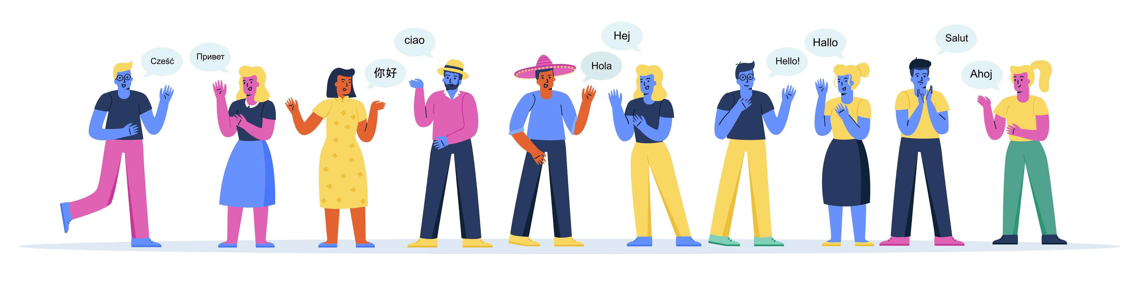 Horizontal banner with cute men and women saying hello vector