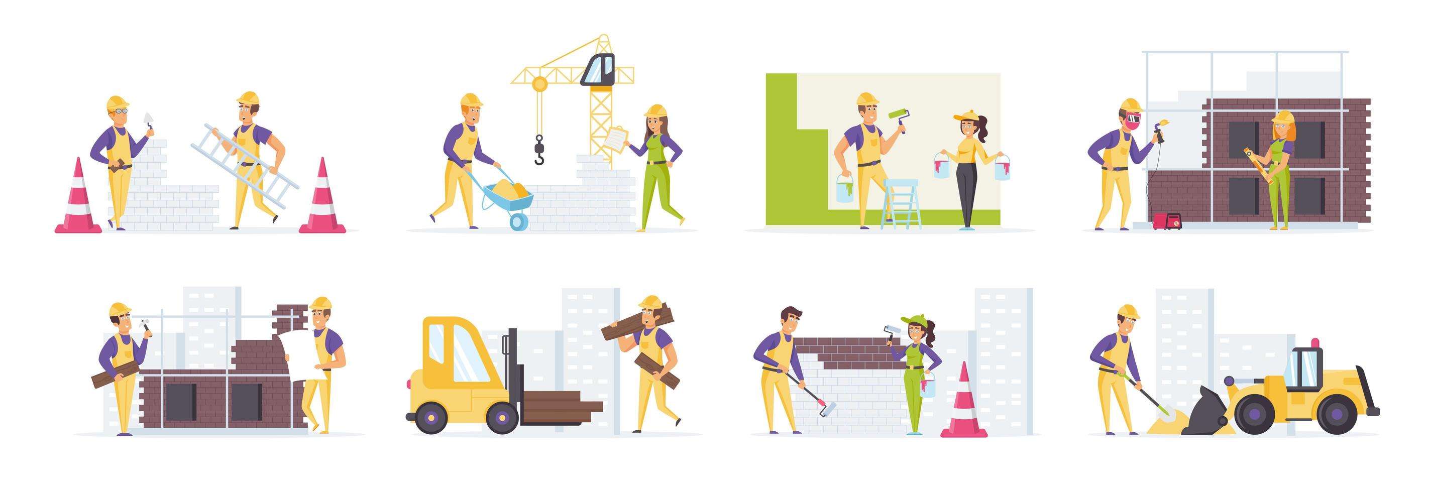 Construction workers in safety helmets in various situations vector