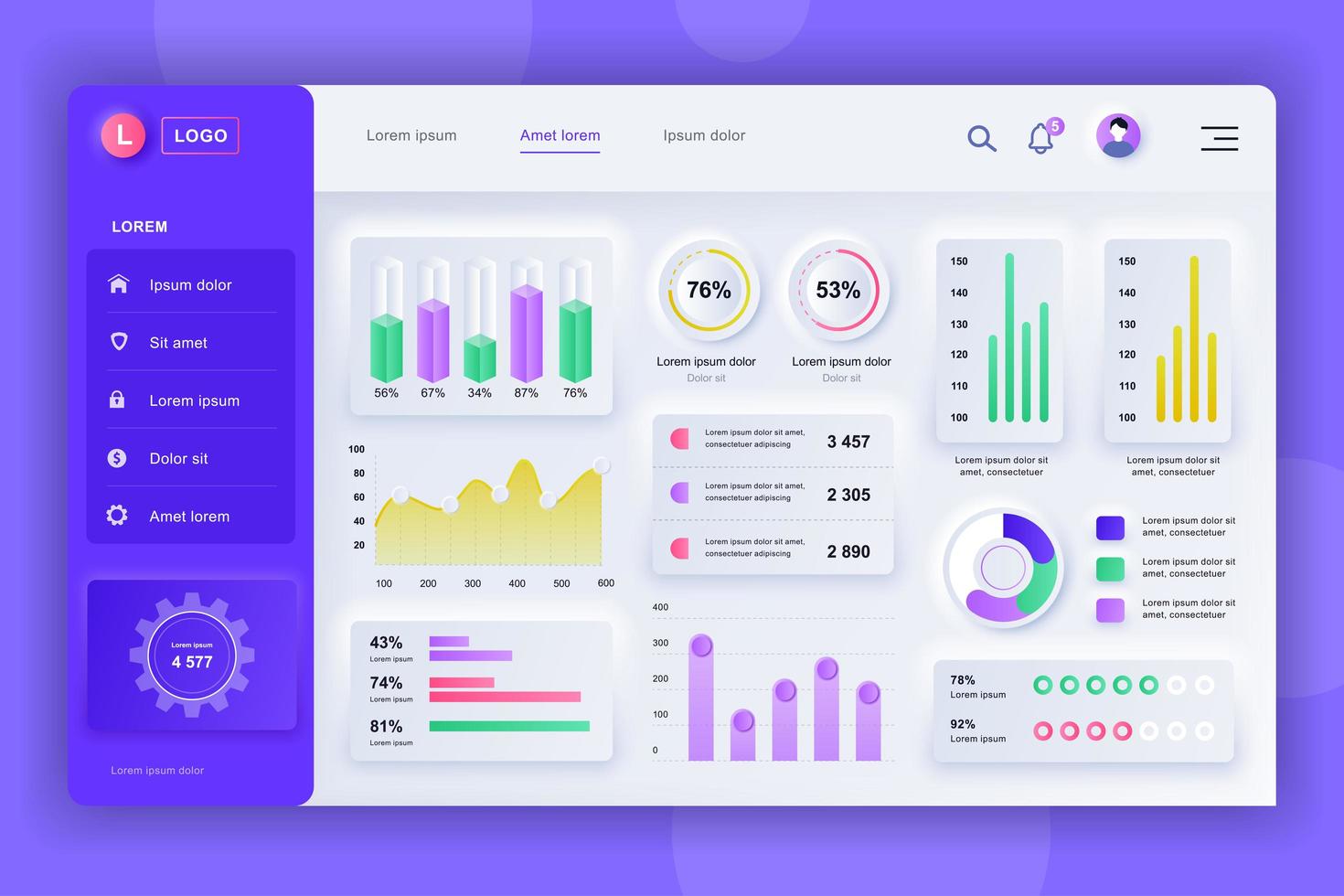 Admin panel neumorphic dashboard UI kit vector