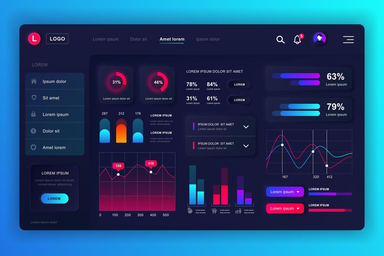 Admin panel neumorphic dashboard UI kit vector