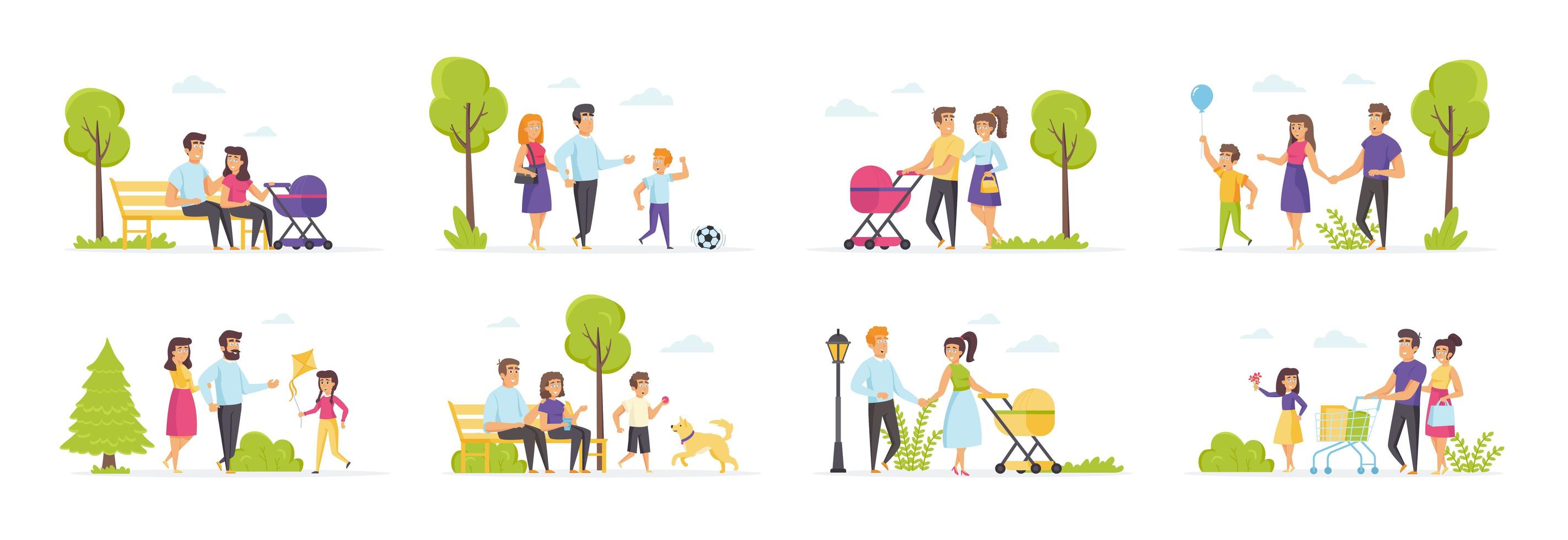 parque de vacaciones familiares con personas en varias escenas vector