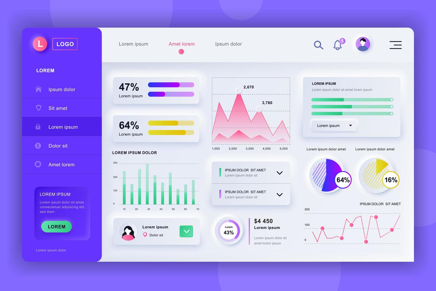 Admin panel neumorphic dashboard UI kit vector