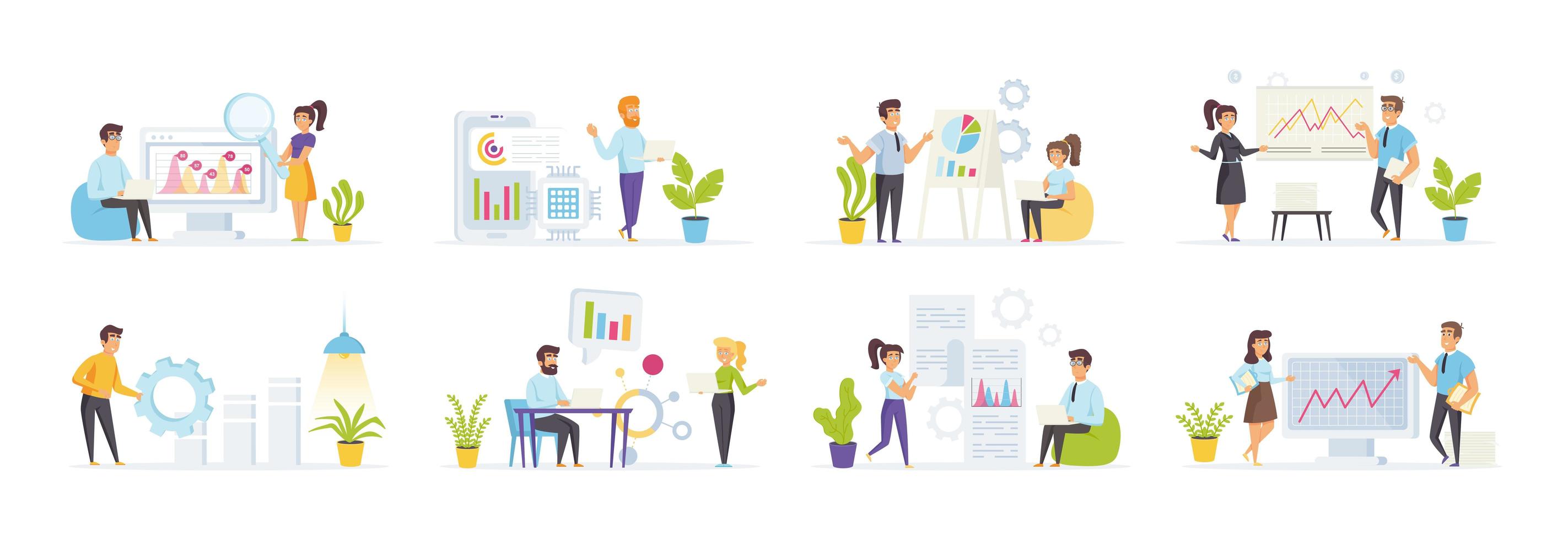 Data analysis set with people in various scenes vector