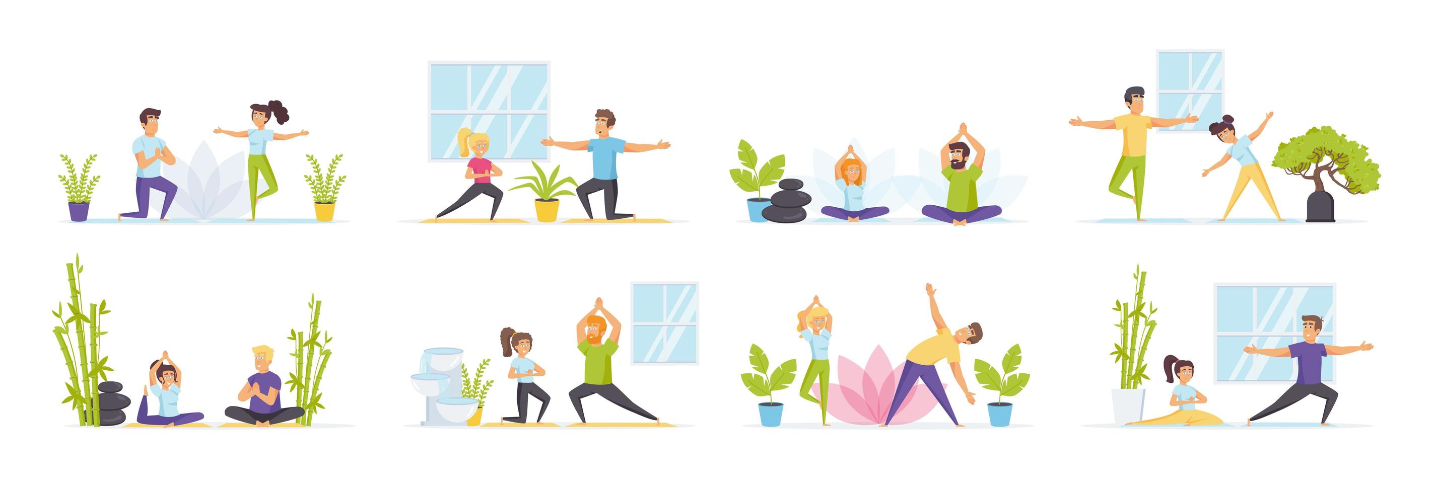 Family yoga set with people in various situations vector
