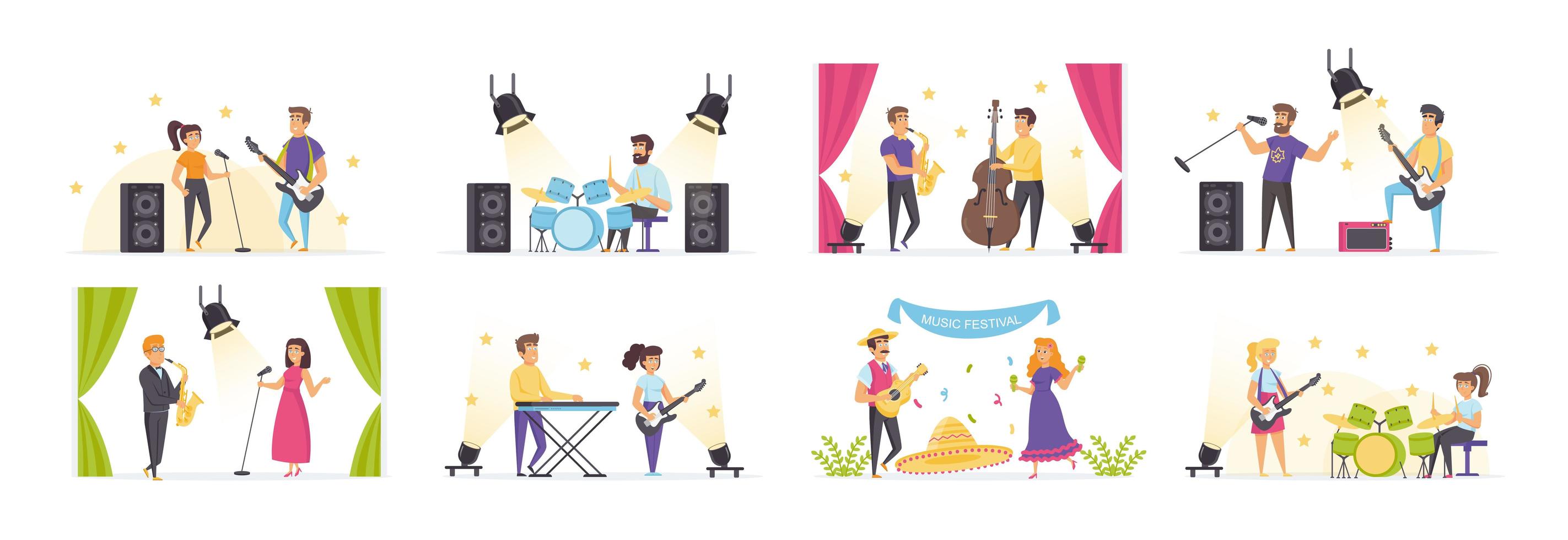 músicos con personas en diversas situaciones. vector