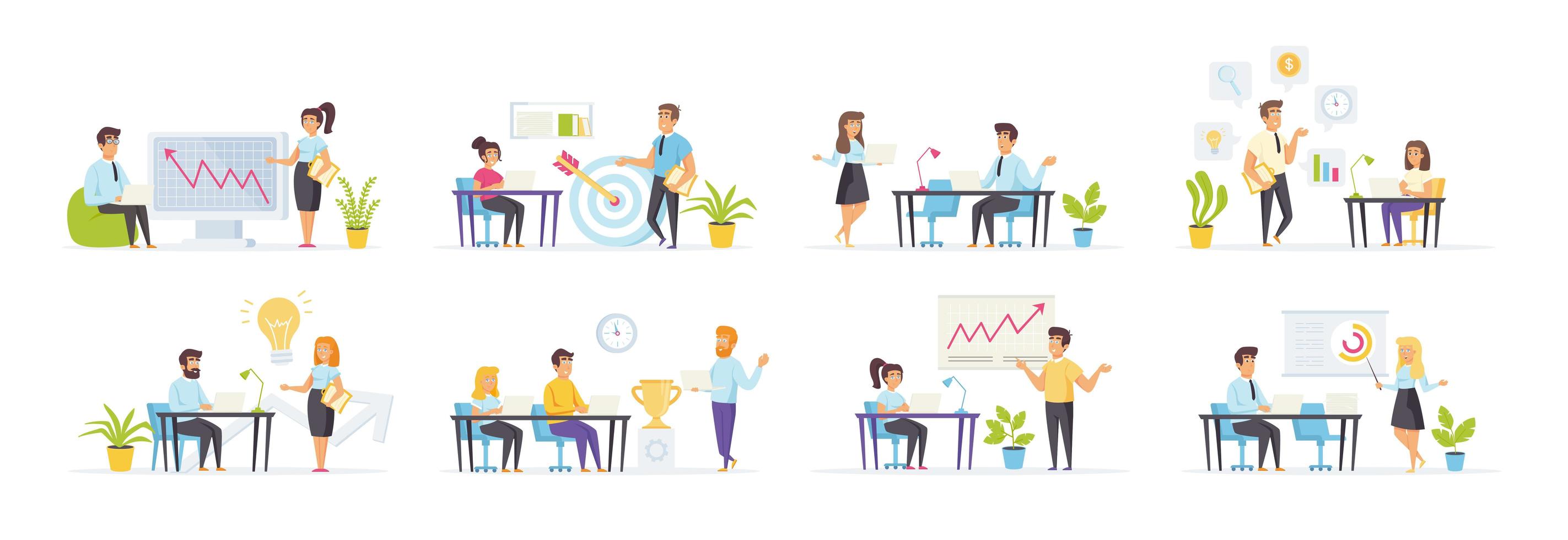 Coaching and mentoring set with people in various scenes vector