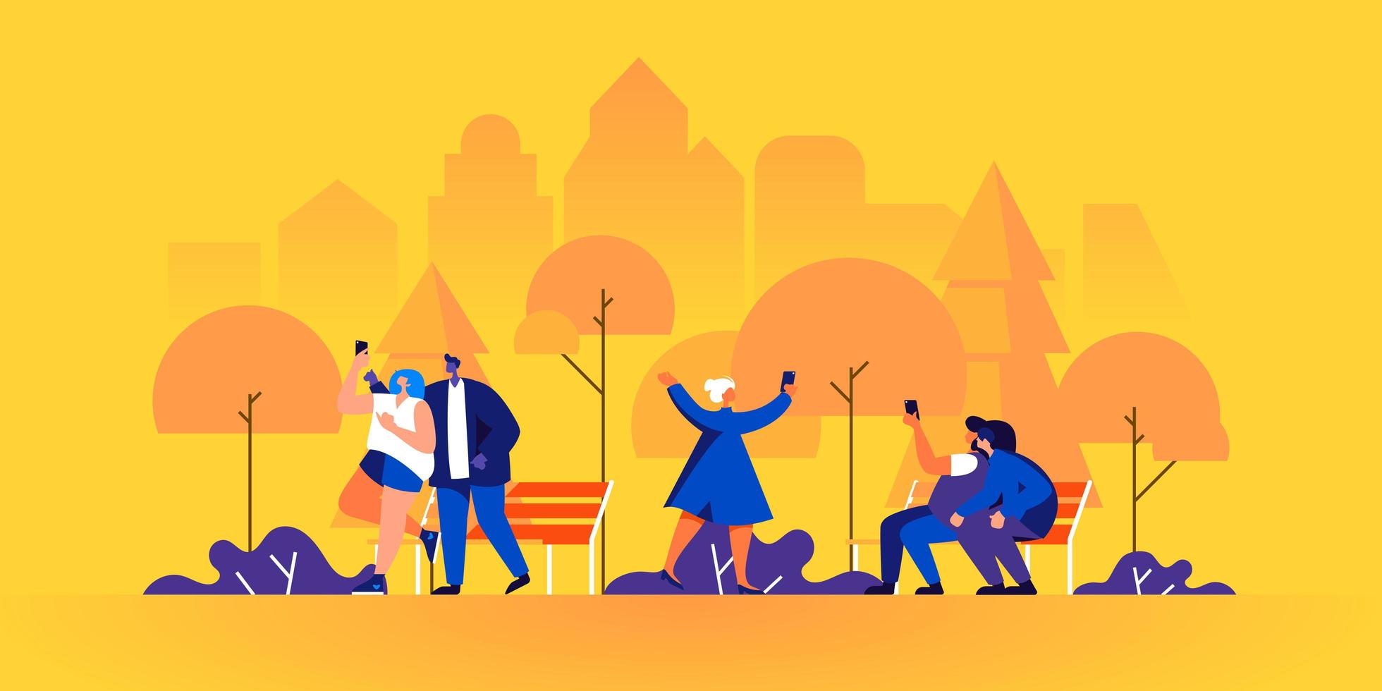 People taking selfies on smartphones in park vector