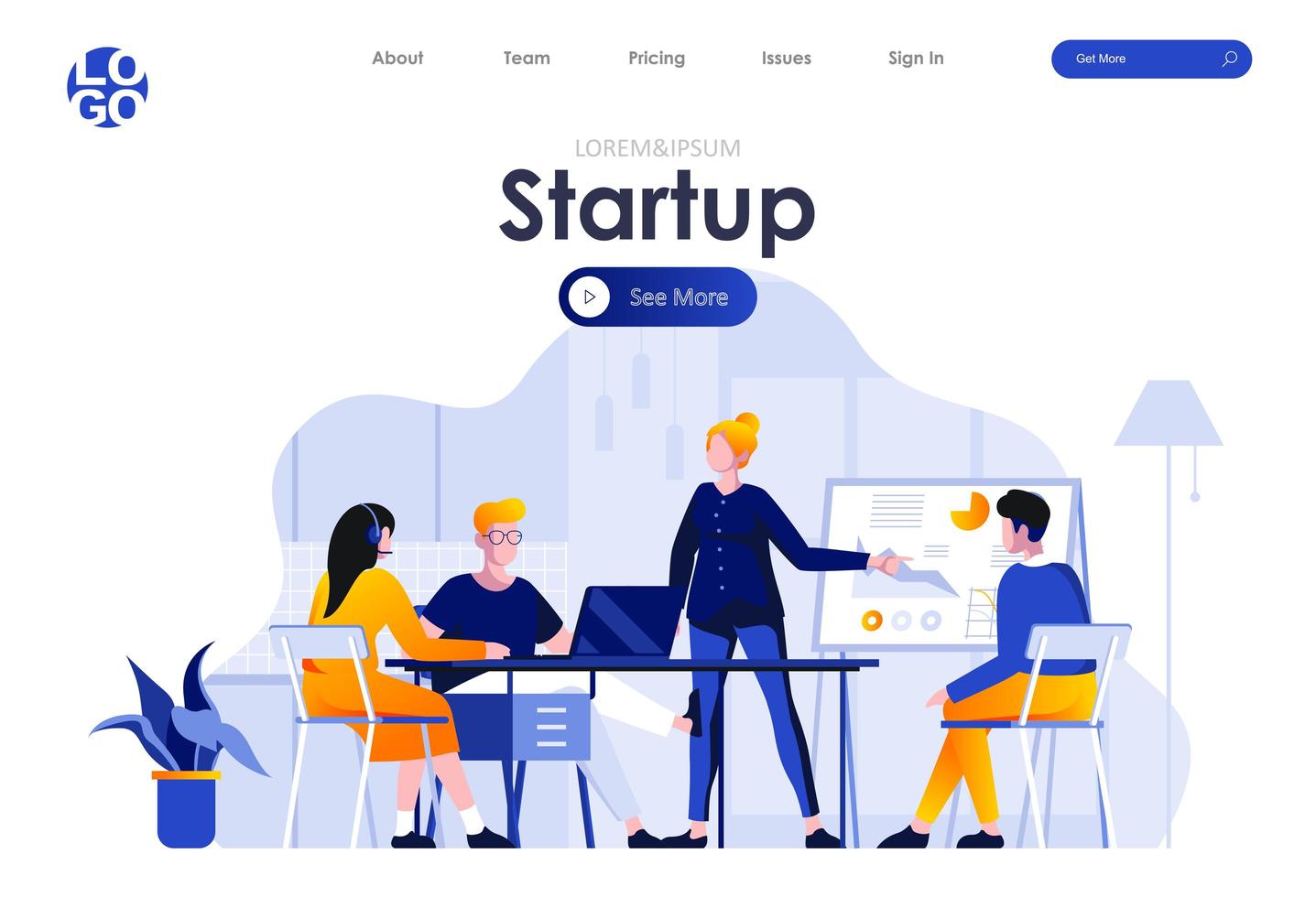 Startup project flat landing page design vector