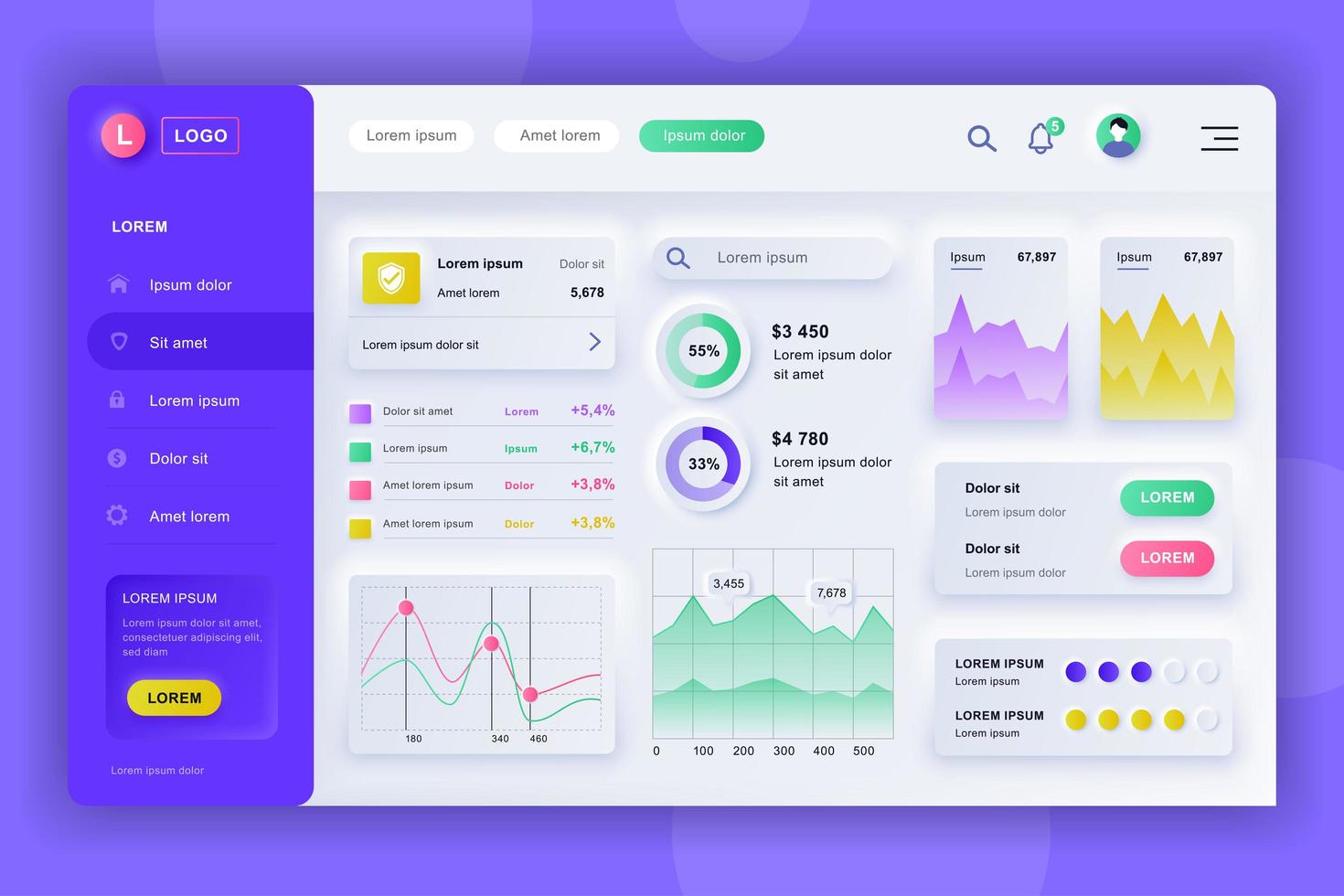 Admin panel neumorphic dashboard UI kit vector