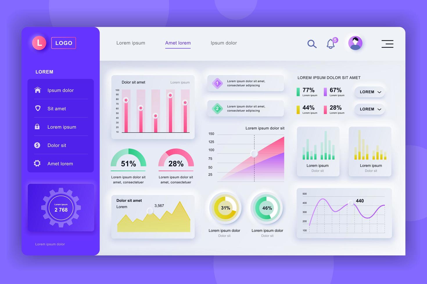 Admin panel neumorphic dashboard UI kit vector