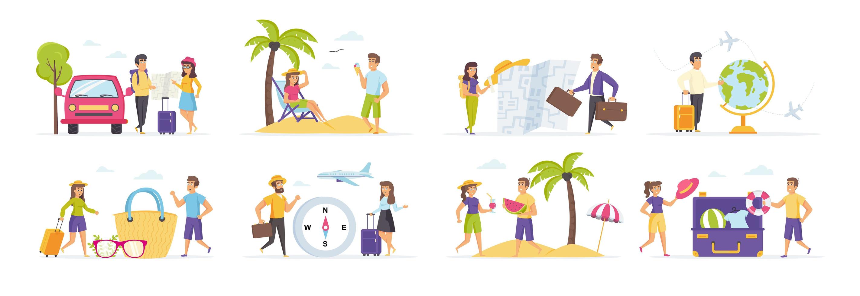 vacaciones de verano con personas en diversas situaciones. vector