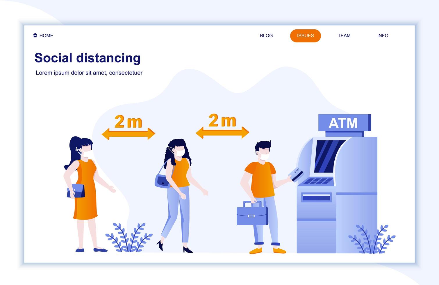 distanciamiento social en la página de inicio plana de cajeros automáticos vector