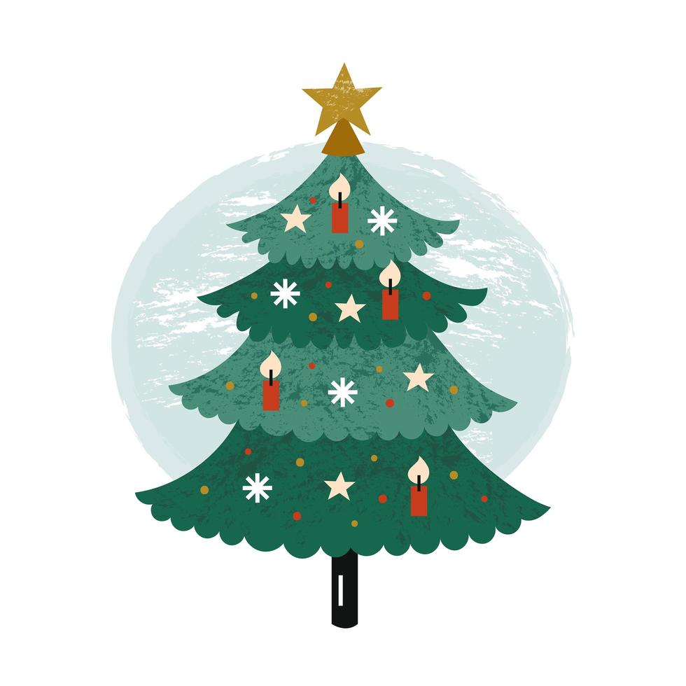 árbol de navidad con estrella, decoraciones de velas vector