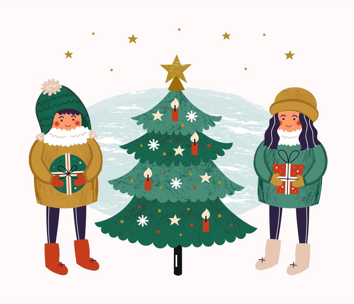 Boy and girl near decorated Christmas tree vector