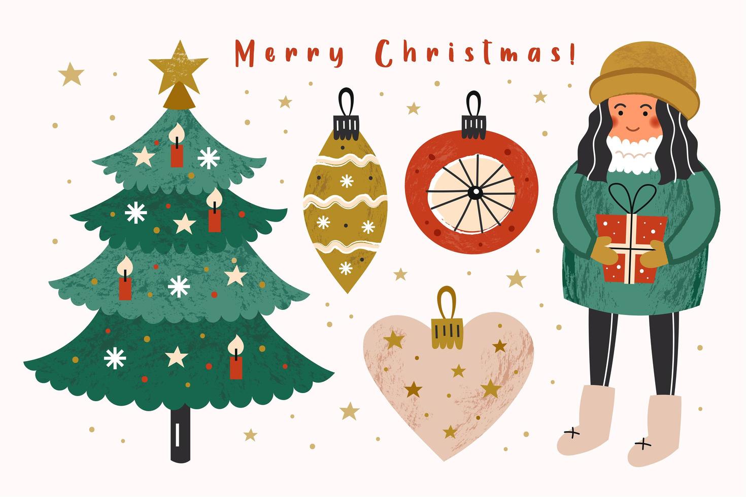 Christmas set with girl, presents Christmas tree decorations vector