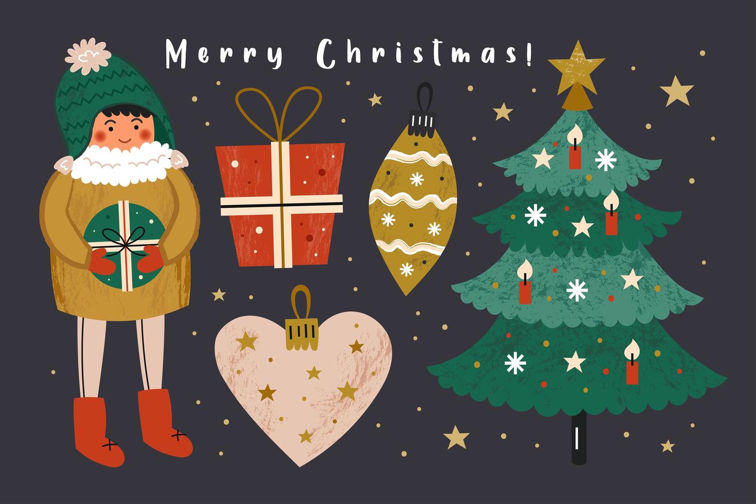 Christmas set with boy, presents, christmas tree, decoration vector