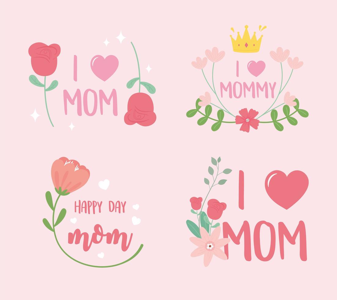 flores del día de la madre e inscripciones para tarjetas. vector