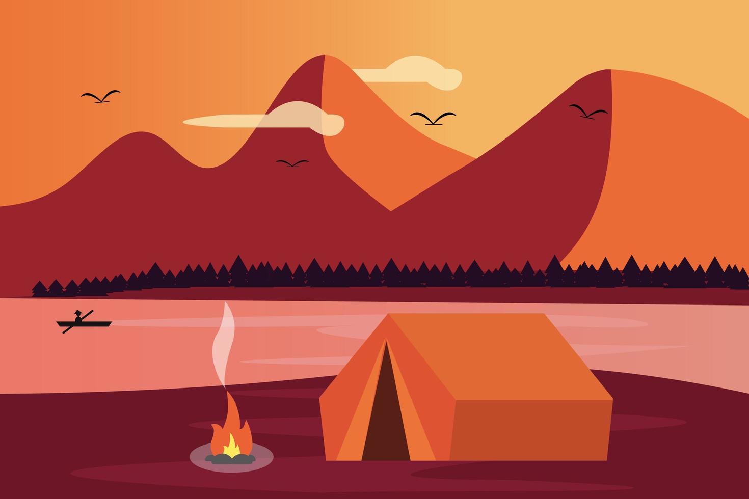 Camp Site With Campfire Lake and Mountain Landscape vector