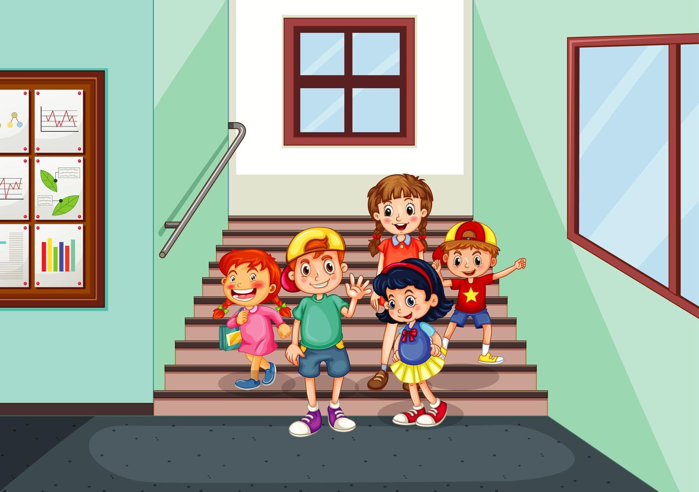 Happy children at school building hallway vector