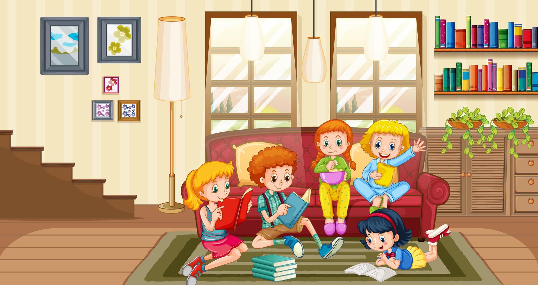 Children enjoy reading books at home scene vector